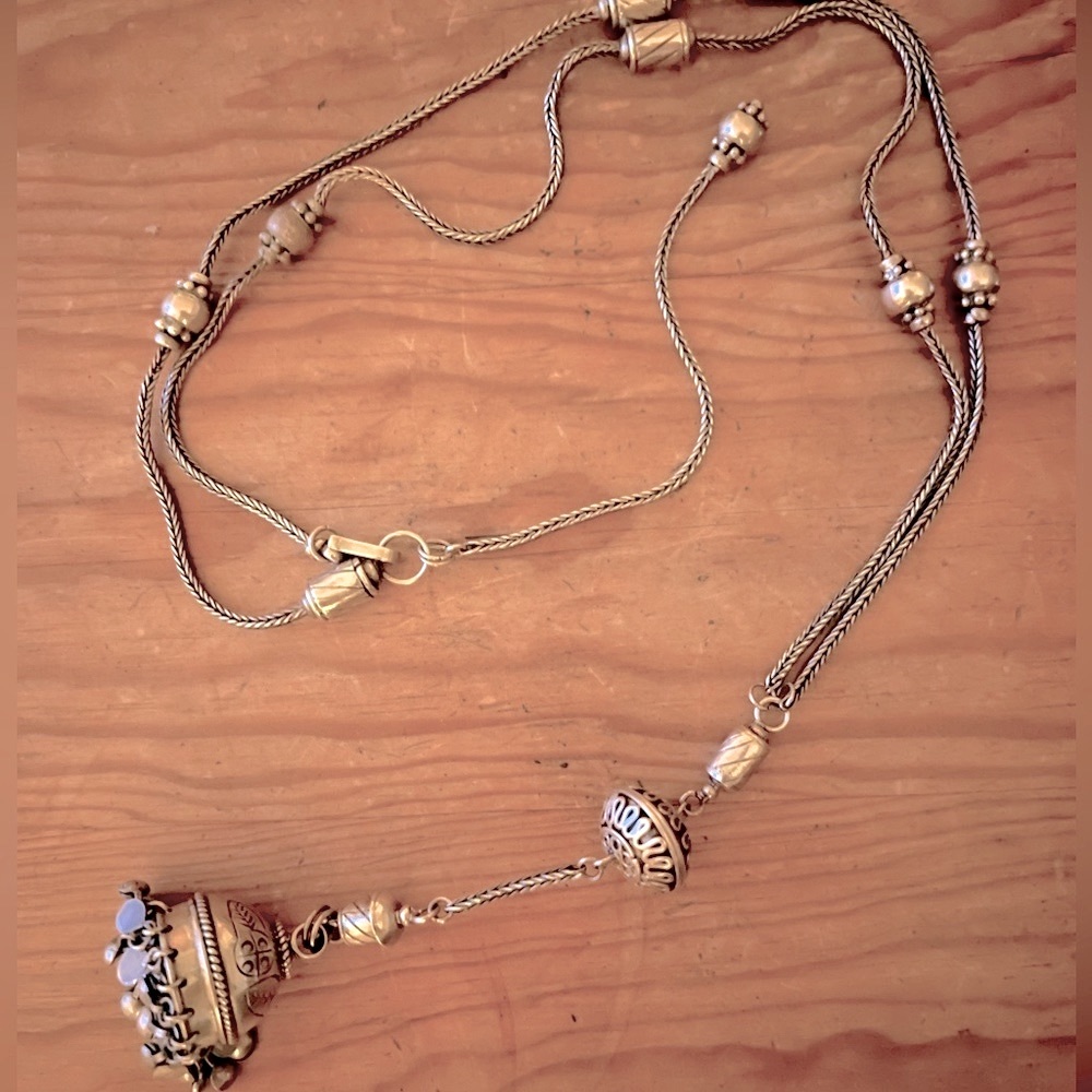 Silver long bohemian bell pendant necklace approx 20” long